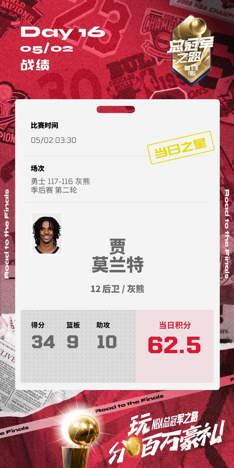 莫兰特34分9篮板10助攻_贾-莫兰特NBA总冠军之路表现_贾·莫兰特